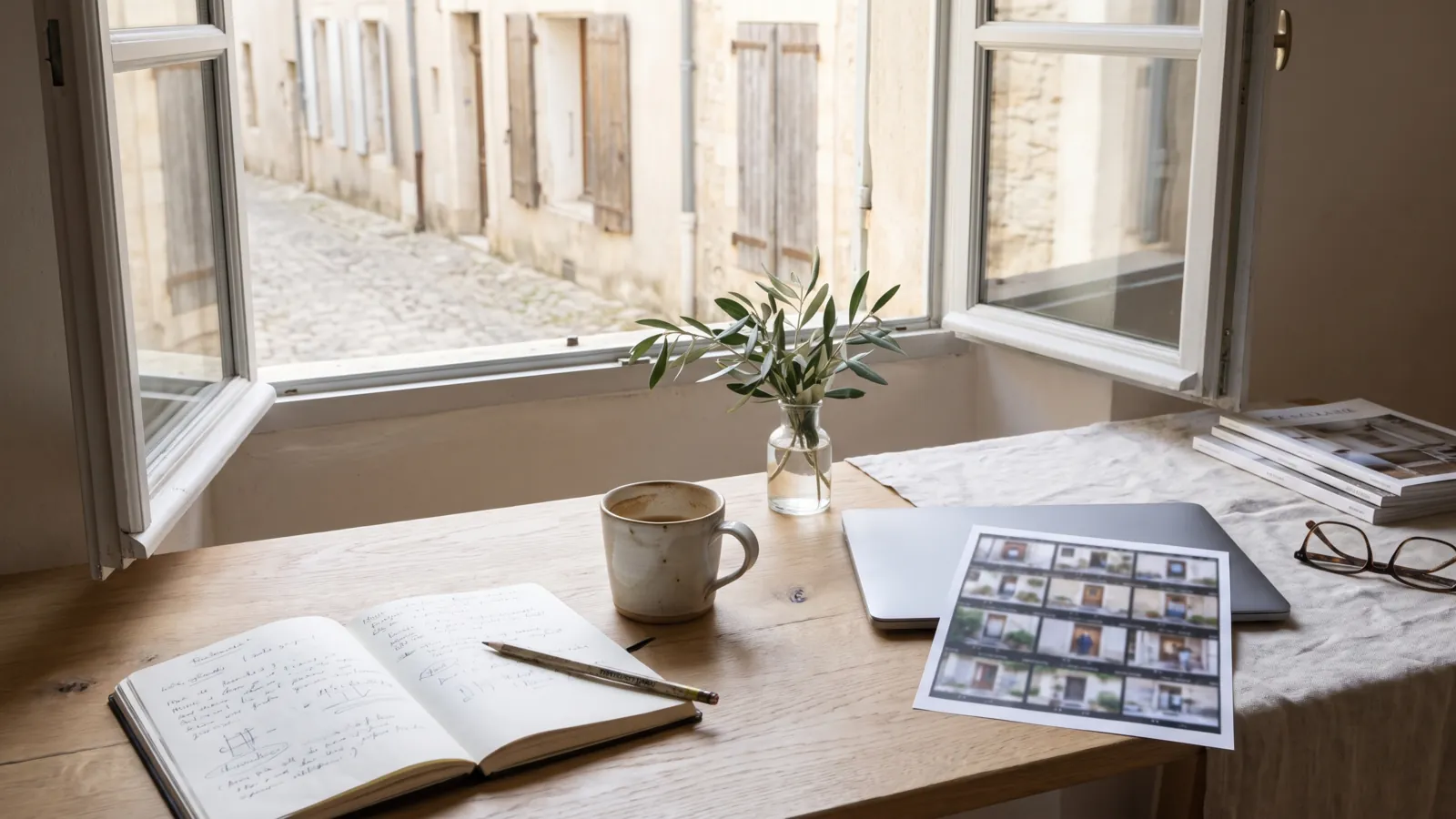 Bureau lumineux avec carnet, tasse et rameau d’olivier devant une fenêtre donnant sur une rue résidentielle