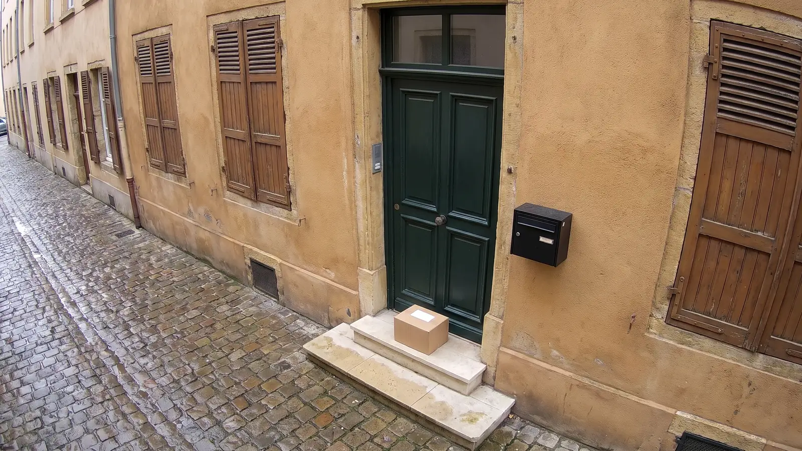 Image de caméra devant l’entrée : un carton posé sur la marche devant la porte, à côté d’une boîte aux lettres