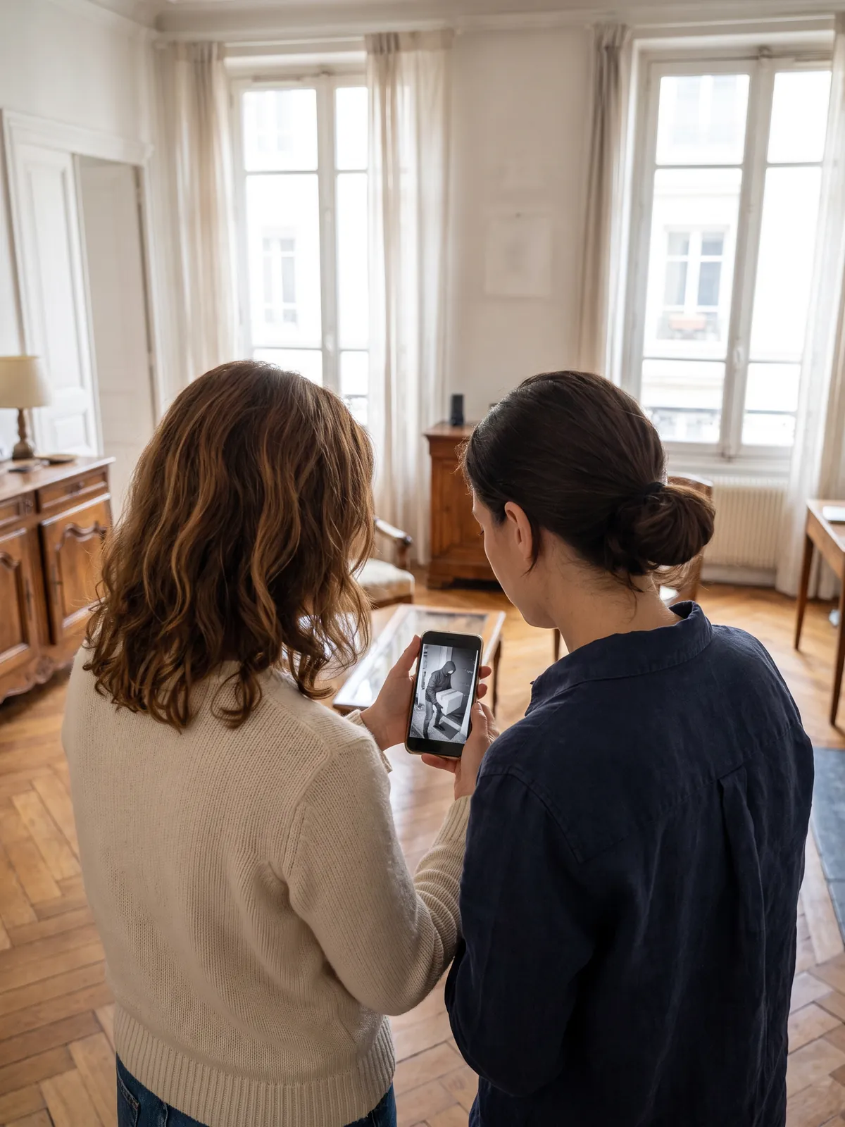 Deux femmes vues de dos regardent un smartphone sur lequel défile l’enregistrement d’un homme